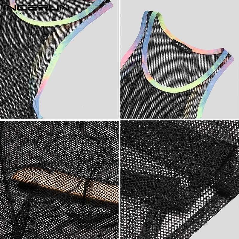 Mens Tank Tops Summer Men Mesh Patchwork Streetwear Sleeveless Sexy Casual Vests Transparent Breathable Workout 5XL INCERUN 230524