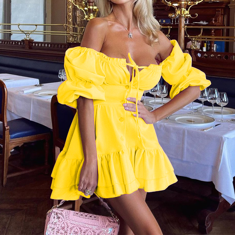 Tube Top Backless Puff Sleeves Nightclub Mini Dress Solid Color Cascading Ruffles A-line Skirt Ladies Elegant Party Dresses