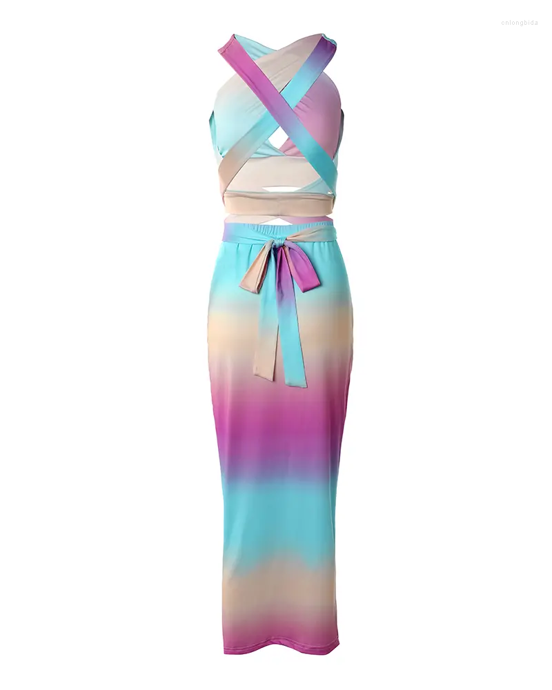 Work Dresses 2023 Summer Woman Halter Cutout Crop Sleeveless Top Ruched Sexy Slit Skinny Vacation Skirt Set