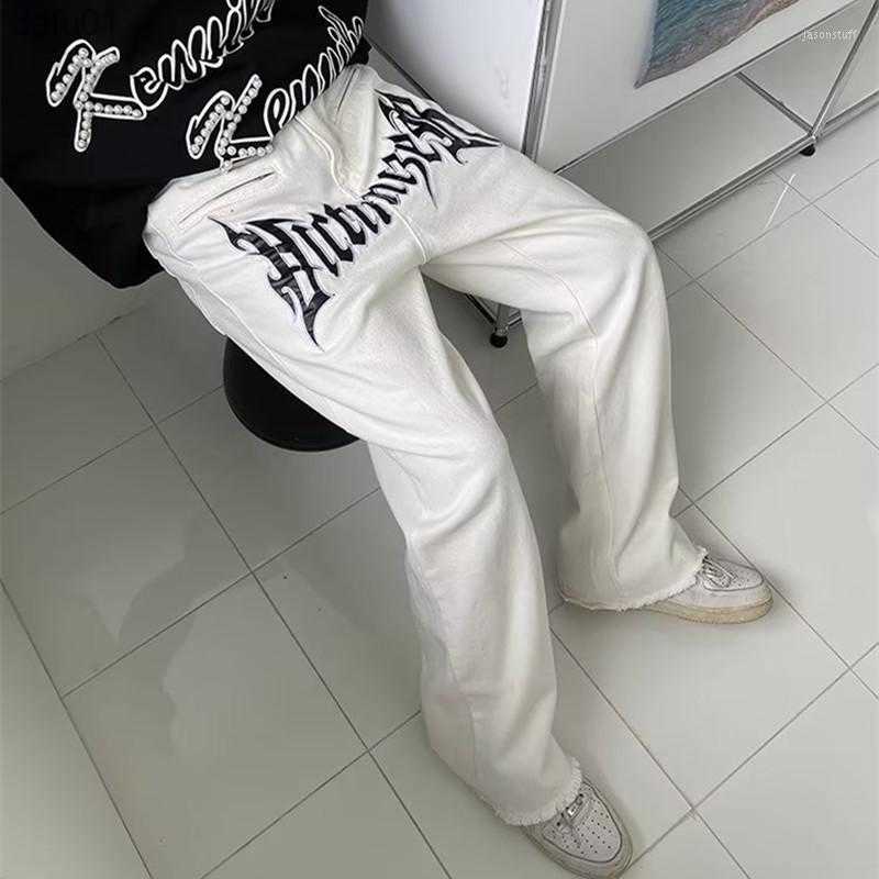 Men's Jeans Men's Jeans 2022 Cool Design Leather Embroidery White Baggy Men Pants Y2K Fashion Streetwear Straight Loose Hip Hop Denim Trouse