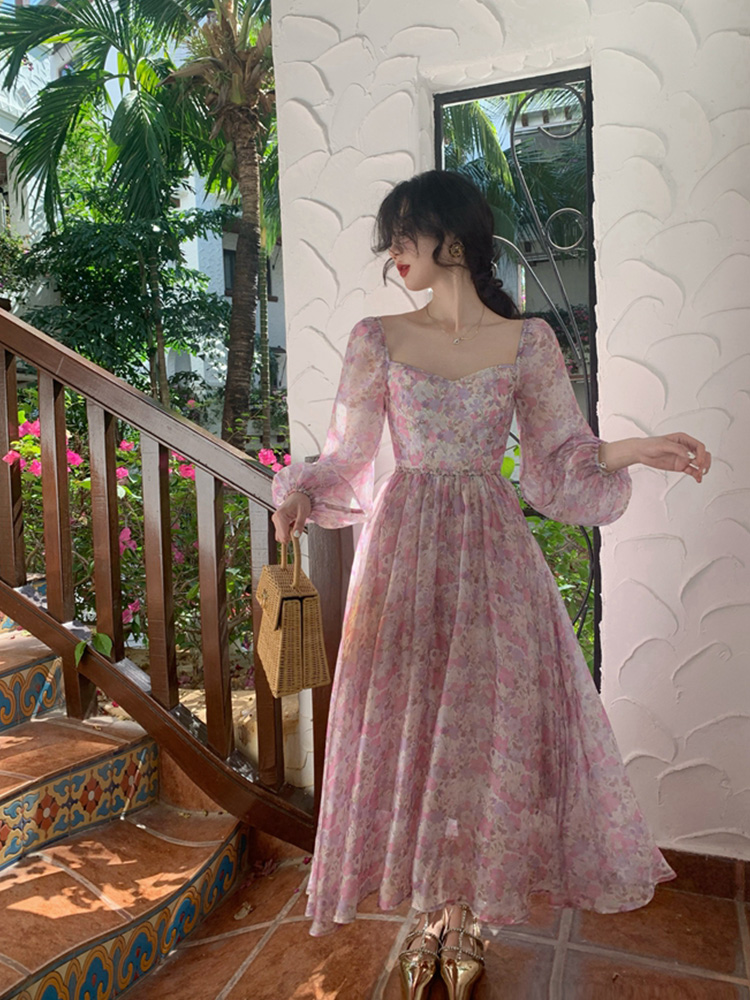 Casual Dresses Elegant Vintage Fairy Midi Dress Women Csaual Korean Chiffion Floral Midi Dress
