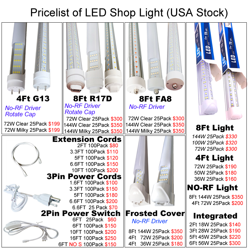 LED Light Bulbs 8 Foot, 2 Pin 144W 6500K, T8 LED Tube Lights, R17D LED 8Foot, HO Rotatable LED Shop Lights, Clear Cover, Dual-Ended Power, Replace Flu