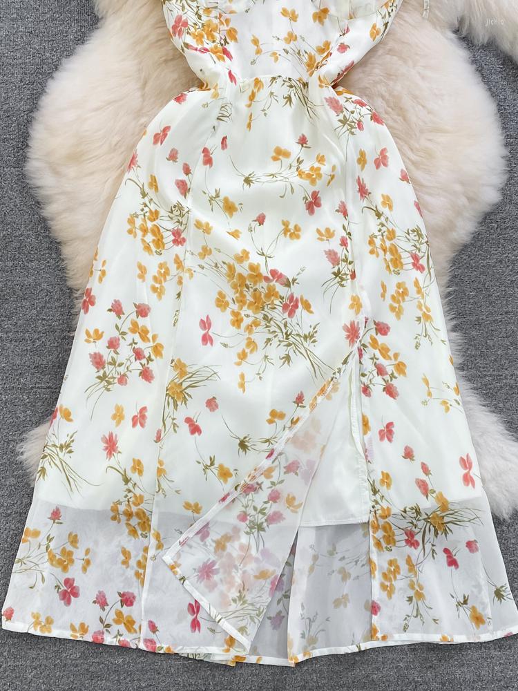 Casual Dresses Summer French Floral Women Sexy High Waist Lace Up Spaghetti Strap Shrinking Slim A-line Split Dress