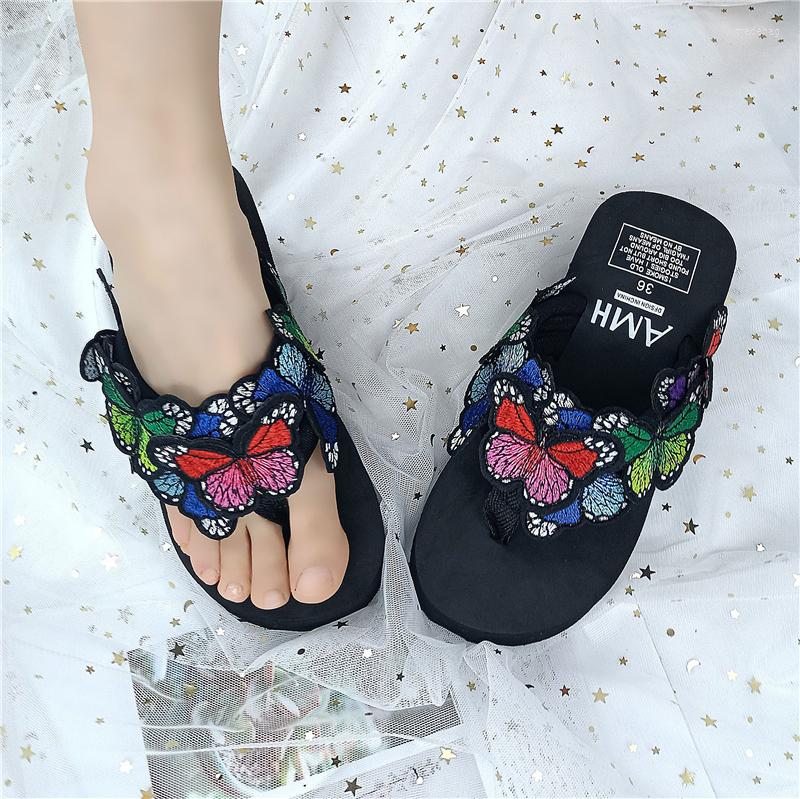 Slippers Outer Wear Fashion Everything Flip Flops Thick Sole Super High Heels Non-slip Beach Wedges Holiday Bow Sandals Women, Black