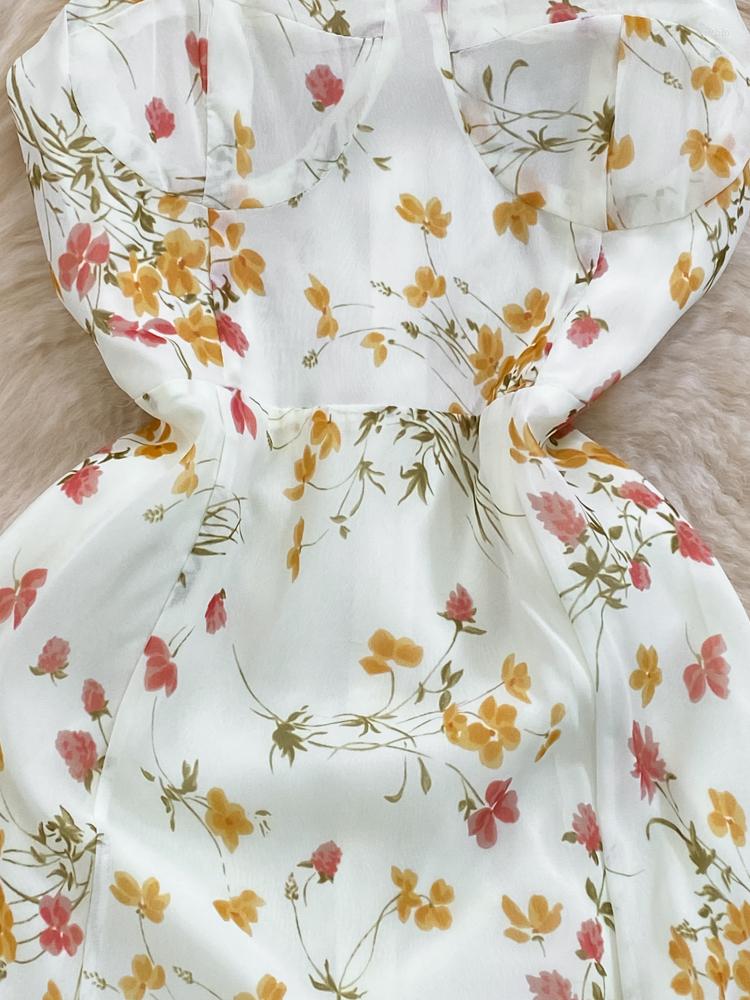 Casual Dresses Summer French Floral Women Sexy High Waist Lace Up Spaghetti Strap Shrinking Slim A-line Split Dress