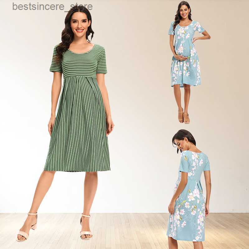 Maternity Dresses Women's Floral Short Sleeve Loose Maternity Dresses Pregnancy Clothes Summer Casual Soft Waist Pleated Print Knee Length Dress 