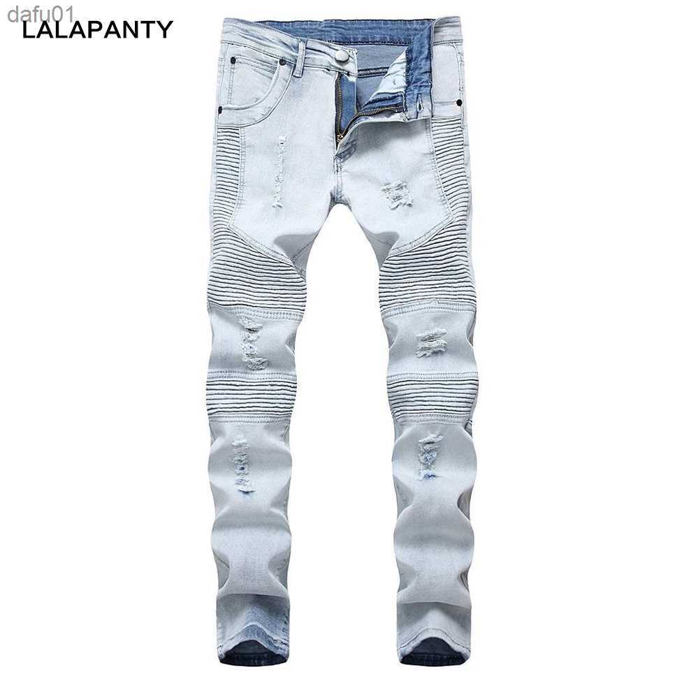 Men's Jeans LALAPANTY representative jeans clothing slp blue/black ripped men's slim fit denim straight biker skinny men ripped pants L23052