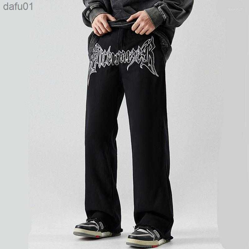 Men's Jeans Men's Jeans 2022 Cool Design Leather Embroidery White Baggy Men Pants Y2K Fashion Streetwear Straight Loose Hip Hop Denim Trouse
