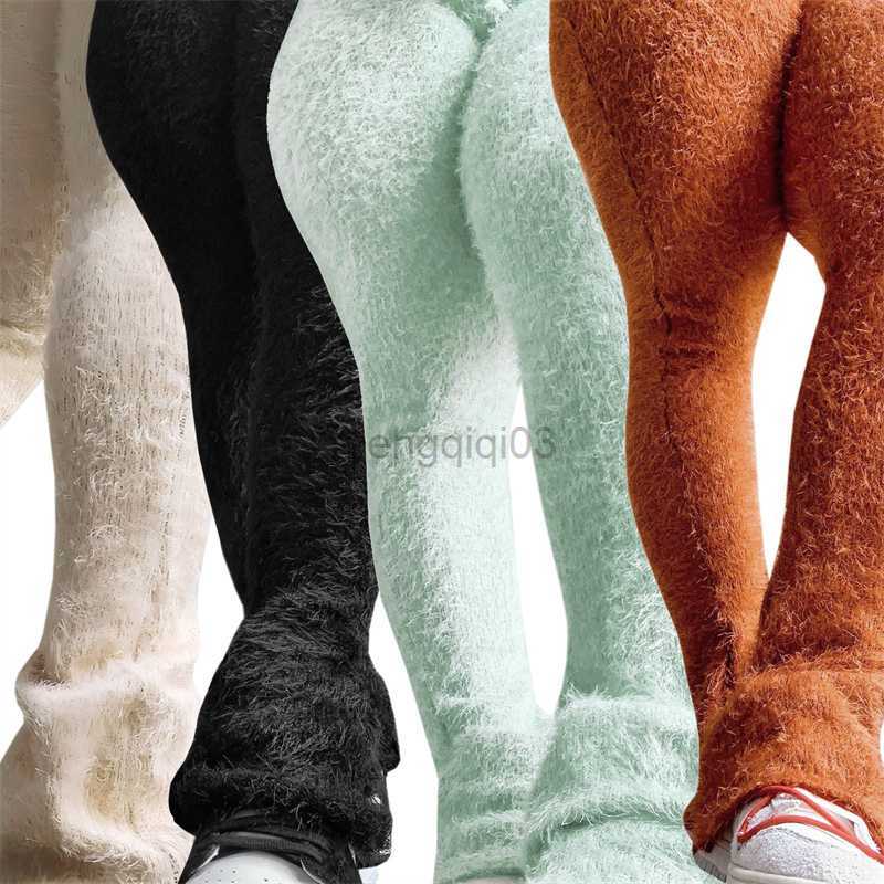 Women's Jeans Solid Fuzzy Knitted Flare Pants 2023 Spring Women Elastic High Waist Slim Stacked Trousers Fashion Casual Streetwear Y23