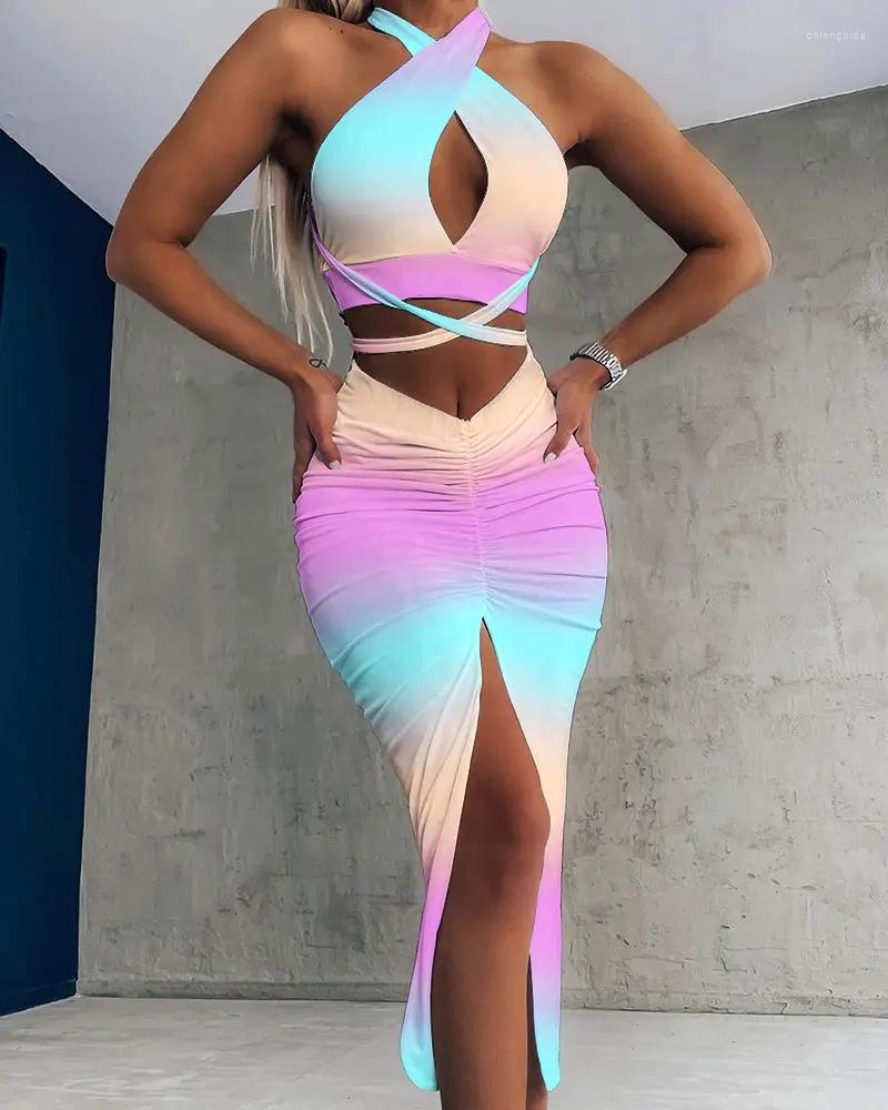 Work Dresses 2023 Summer Woman Halter Cutout Crop Sleeveless Top Ruched Sexy Slit Skinny Vacation Skirt Set