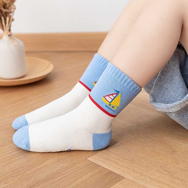 Socks 5 pairs of new autumn and winter children's striped sailboat boy socks ages 4-8 G220524