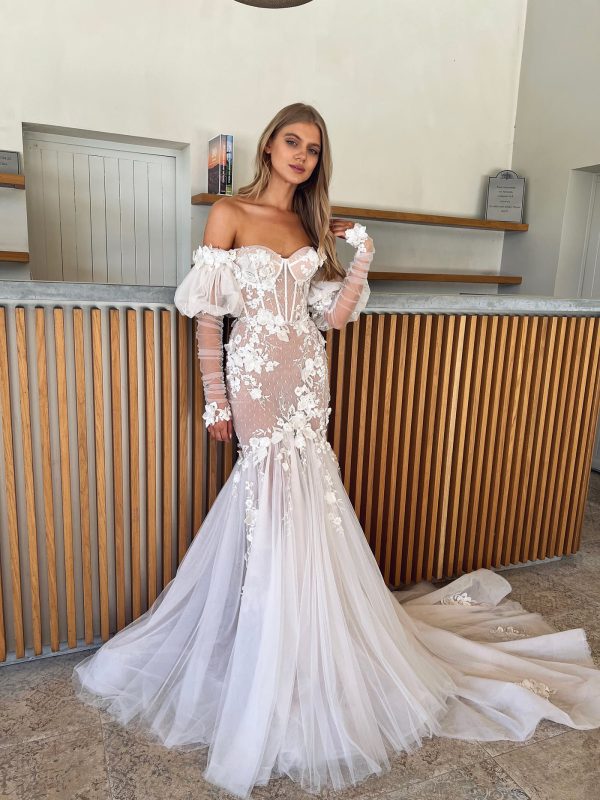 Sweetheart Mermaid Dresses Bone Bodice Lace Wedding Dress Puffy Long Sleeves Appliques Wedding Bridal Gowns 0515