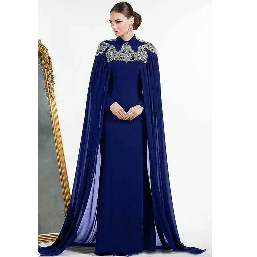 Arabic Dubai Long Sleeves Evening Dresses With Cape Beaded High Neck Kaftan Moroccon Mother Long Formal Party Prom Gowns Elegant Muslim Celebrity Outf