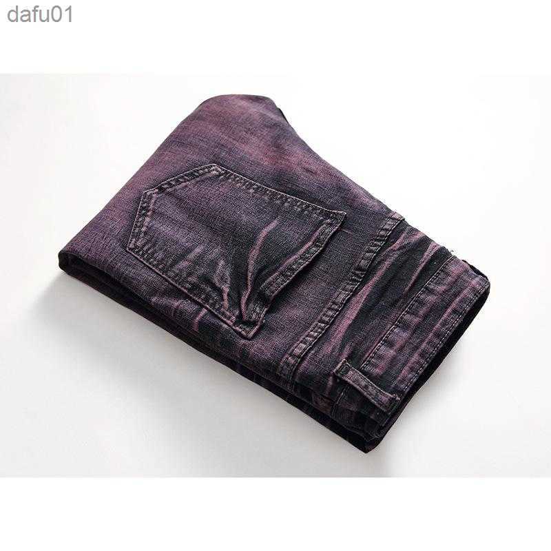 Men's Jeans Men's Jeans Trendy Ripped Purple Men Slim Fit 2021 Tight Ankle Motor Biker Pants Punk Rock Hole Color Contrast L230520