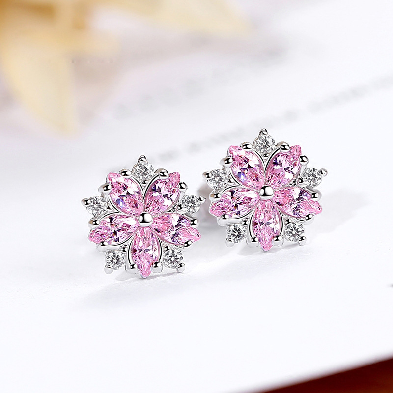 Sweet Statement Pink Cherry Blossom Stud Earrings with Sparkling Zircons - Women's Sterling Silver Jewelry