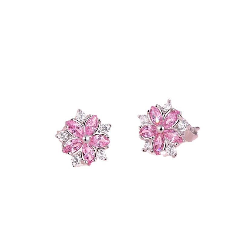 Sweet Statement Pink Cherry Blossom Stud Earrings with Sparkling Zircons - Women's Sterling Silver Jewelry