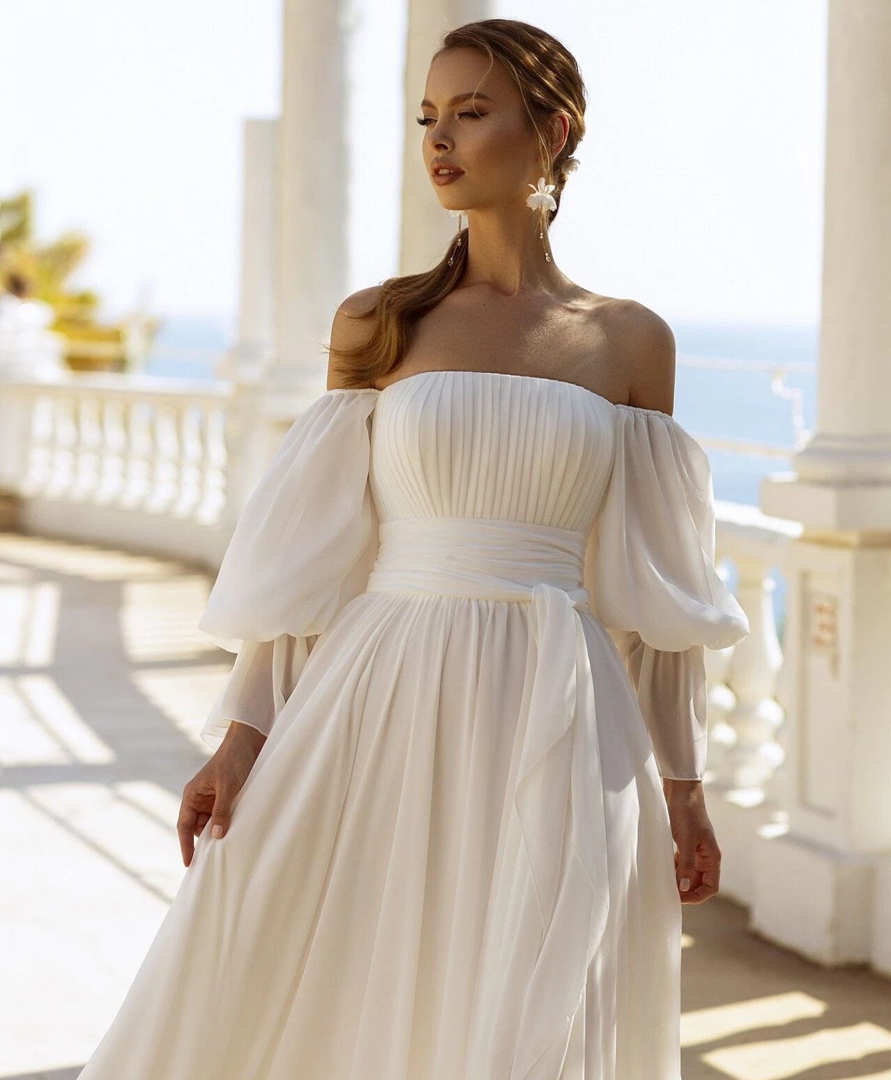 Unique Stapless Wedding Dress With Removeable Puff Sleeves Lace Up Back Chiffon Bride Gowns Summer Civil Court Train 2023 vestidos de novia