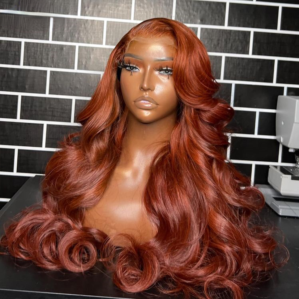 Free Part Glueless Pervian 13x4 Lace Frontal Wigs Dark Auburn /Ginger Orange Colored Simulaiton Human Hair Body Wave Wigs Transparent Lace Closure Wig