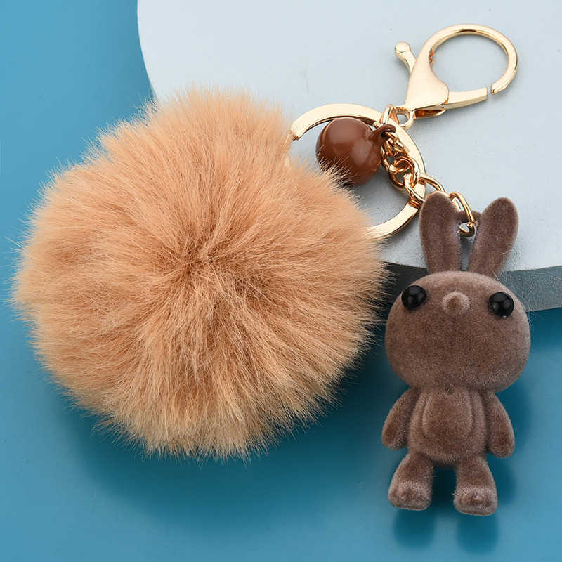 Key Rings Cute cartoon flip rabbit animal doll fur Pom Poms ball keychain women's bag charm jewelry car key pendant G230525