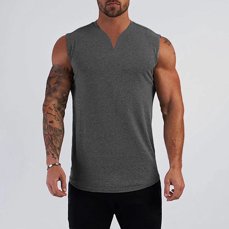 Mens Tank Tops Plain Cotton Vneck Fitness Top Men Summer Muscle Vest Gym Clothing Bodybuilding Sleeveless Shirt Workout Sports Singlets 230524