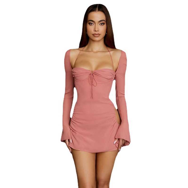 Autumn long sleeve solid color with high waist square neck short skirt wrapped around the chest temperament commuter pink waist dress