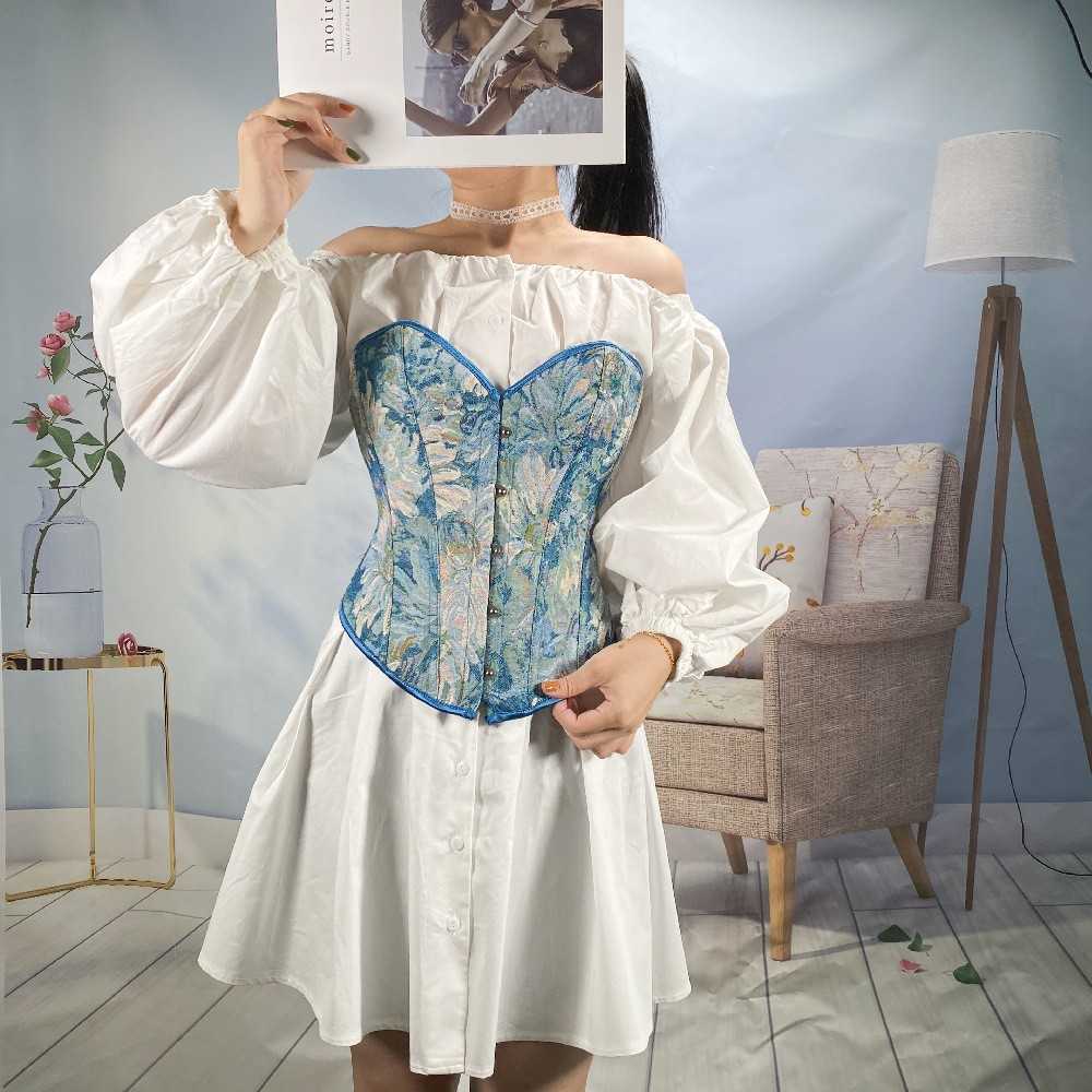 Women's Vintage Corset Top - Monet Oil Painting Style Bustier, 30cm5 Retro Button Strapless Corset, Fishbone Boning Waist Trainer, Spicy Girl Bod