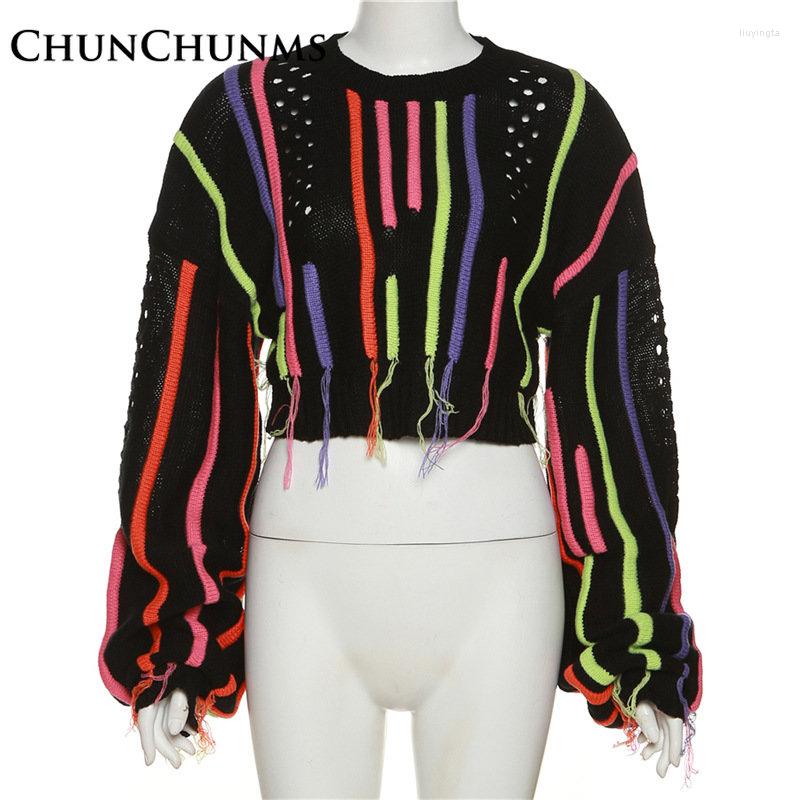 Women's Cotton Tassel Knit Sweater, Colorful Striped Fringe Pullover, Loose Oversize Blouse, Khaki, B4