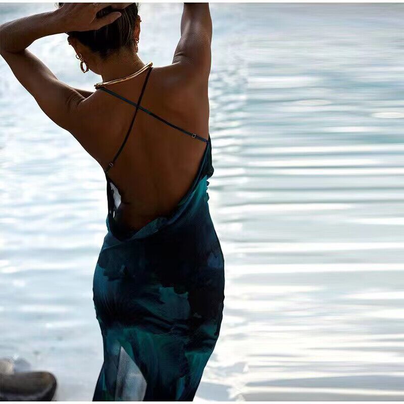 Spring Summer Design Fashion Women's Dress Vacation One Step Skirt with Open Back Cross Beach Blue Print Strap Long Dress