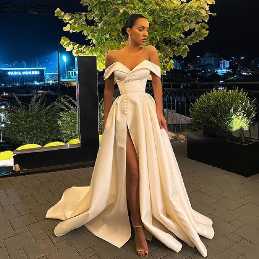 A-e Prom Dress Spring Satin Off the Shoulder V Neck High Slit Long Evening Gown Formal Elegant Vestidos De Gala