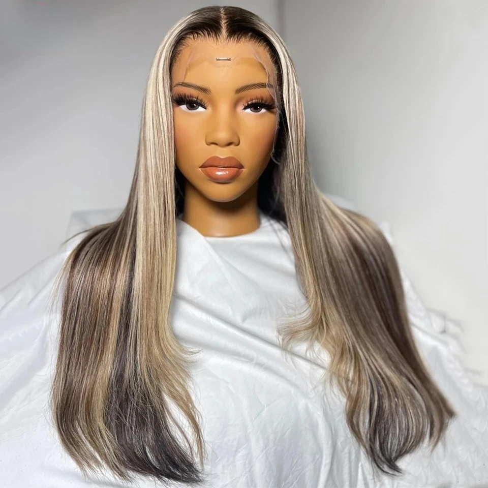 Free shipping Brazilian Straight Grey Highlights Transparent HD Front Wigs 360 Lace Frontal Wig Synthetic Preplucked For Women
