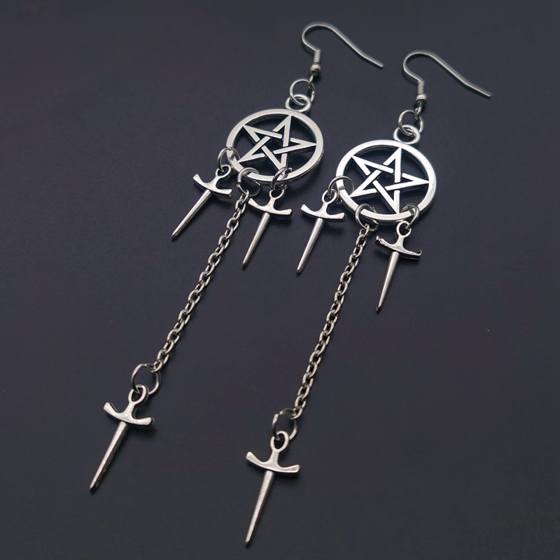 Pentagram Swords Earrings Silver Plated Huggie Hoops Dangle Witchy Jewelry Pagan Wiccan Tarot Gothic Emo Women Gift 
Pentagram Swords Earrings Silver Plated Huggie Hoops Dangle Witchy Jewelry Pagan Wiccan Tarot Gothic Emo Women Gift