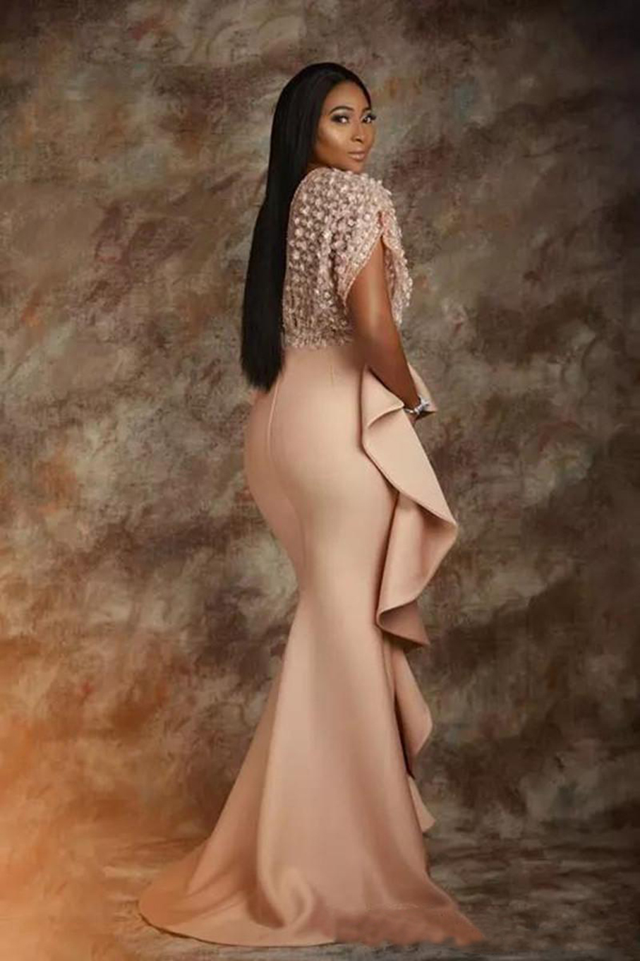 2023 New Pearl Pink Lace Evening Dresses African Saudi Arabia Formal Dress For Women Sheath Prom Gowns Celebrity Robe De Soiree 0906