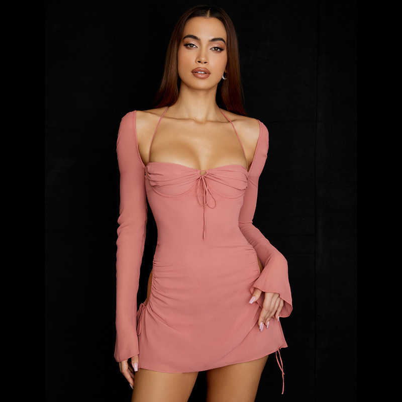 Autumn long sleeve solid color with high waist square neck short skirt wrapped around the chest temperament commuter pink waist dress
