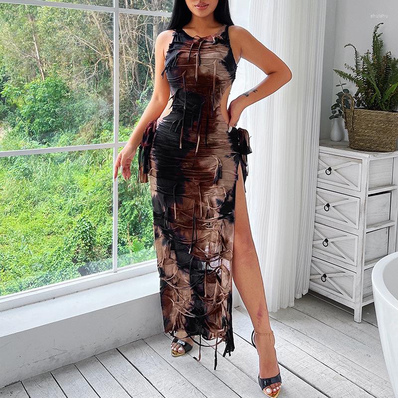 Casual Dresses Simple Waist Cut-out Bandage Sexy Dress Print Long Summer Sleeveless High Split Ruched Drawstring Vestidos, Gray
Casual Dresses Simple Waist Cut-out Bandage Sexy Dress Print Long Summer Sleeveless High Split Ruched Drawstring Vestidos, Gray
