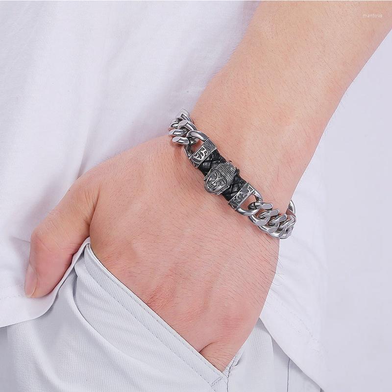 Link Bracelets Religious Buddha Men 12mm Wide Stainless Steel Curb Cuban Hand Chain Braided Leather Charm Bangles Male Jewelry GS0139
Link Bracelets Religious Buddha Men 12mm Wide Stainless Steel Curb Cuban Hand Chain Braided Leather Charm Bangles Male Jewelry GS0139
