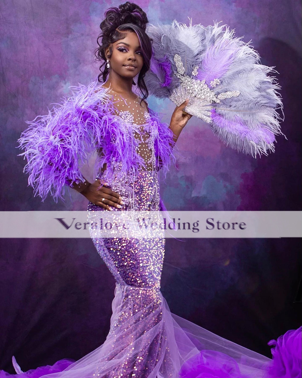 Purple Sequins Mermaid Prom Dresses With Feathers 2023 Black Girls Occasion Met Gala Party Gowns vestido feminino