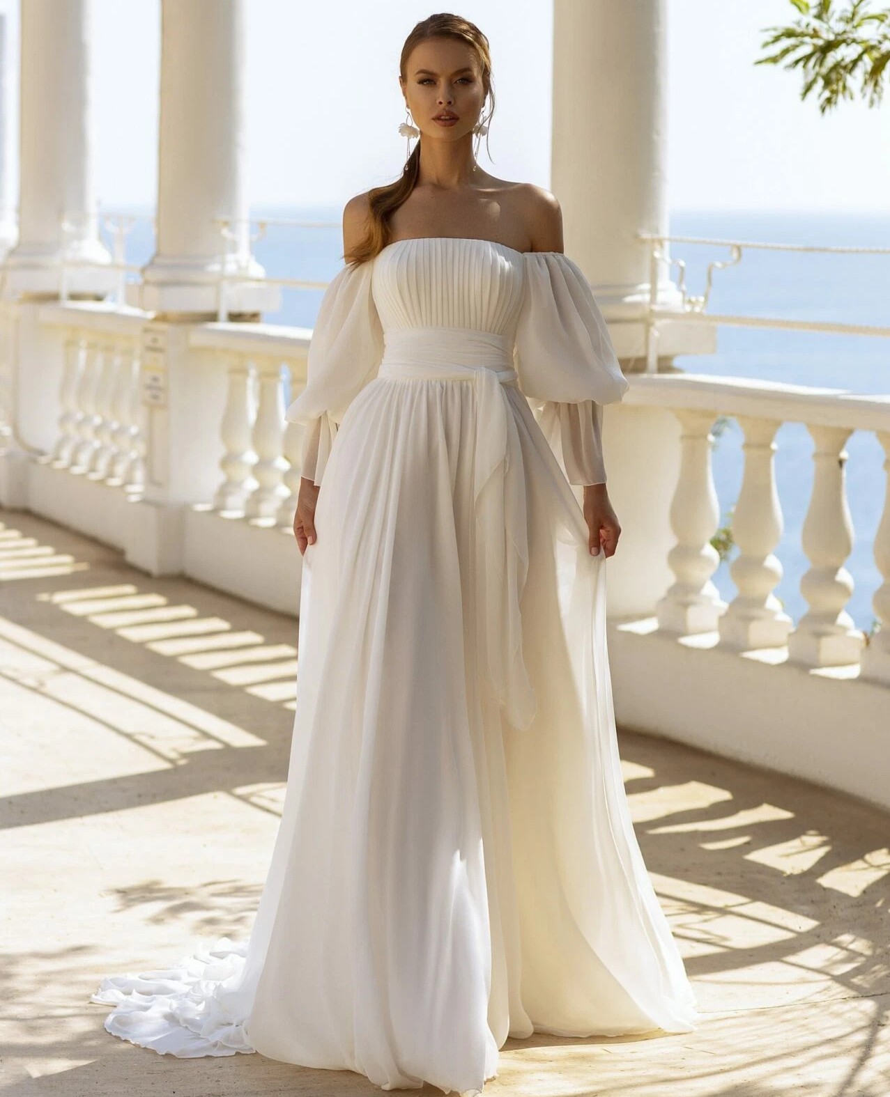 Unique Stapless Wedding Dress With Removeable Puff Sleeves Lace Up Back Chiffon Bride Gowns Summer Civil Court Train 2023 vestidos de novia