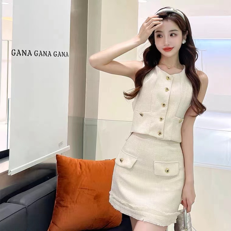 Womens rose color tweed sleeveless vest and mini skirt twinset 2 pc dress suit SMLXL