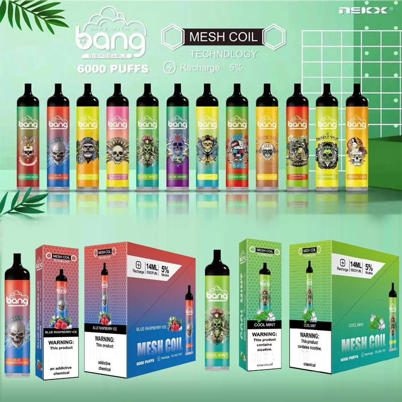 Bang XXL 6000 Puffs Disposable Bar E cigarette Vape 850mAh Recharge Battery Mesh Coil 14ml Pre-filled Pods Cartridge devices Vaporizer kit 12 Flavors
Bang XXL 6000 Puffs Disposable Bar E cigarette Vape 850mAh Recharge Battery Mesh Coil 14ml Pre-filled Pods Cartridge devices Vaporizer kit 12 Flavors