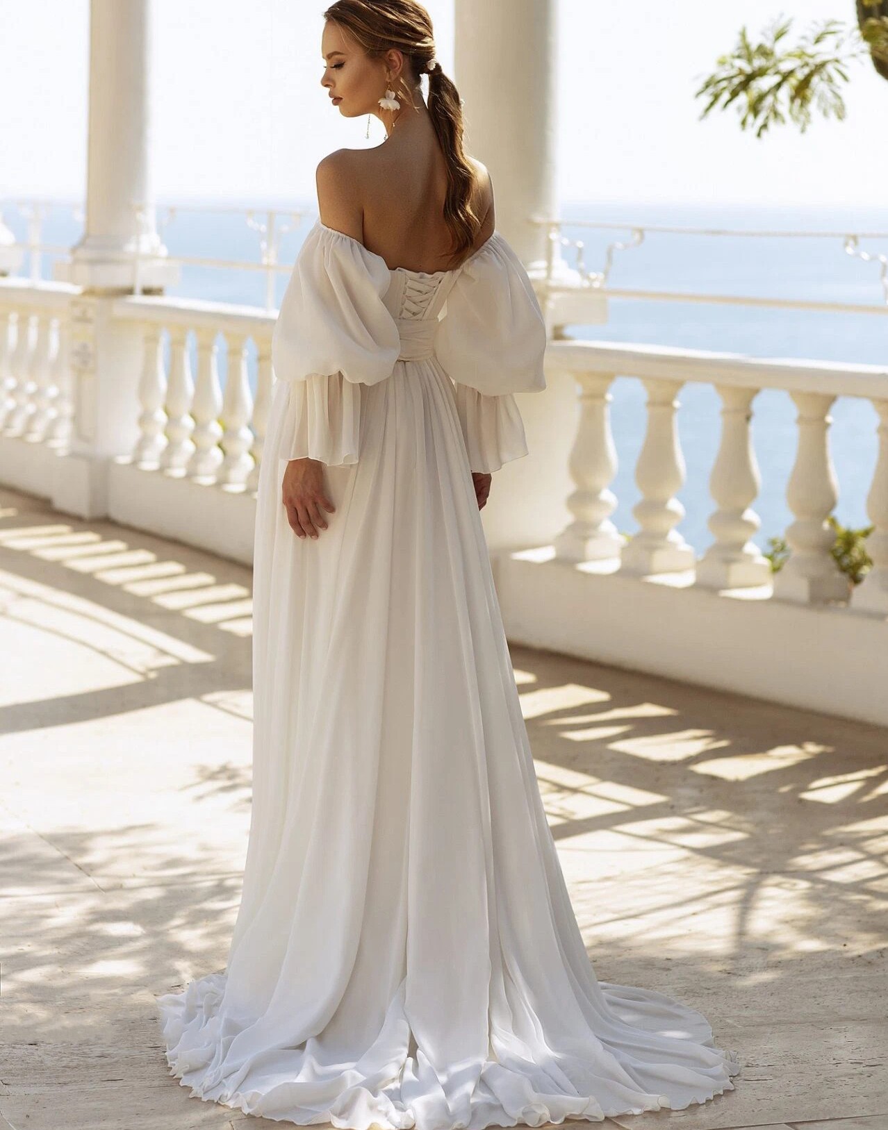 Unique Stapless Wedding Dress With Removeable Puff Sleeves Lace Up Back Chiffon Bride Gowns Summer Civil Court Train 2023 vestidos de novia