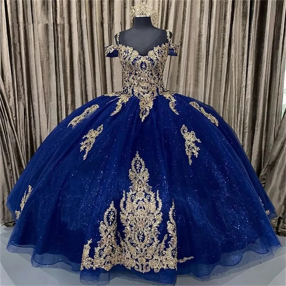 Princess Quinceanera Dresses Navy Blue Sequined Tulle Off The Shoulder Ball Gown Formal Prom Party Dress For Sweet 15 Girls Gold Lace Appliques Specia