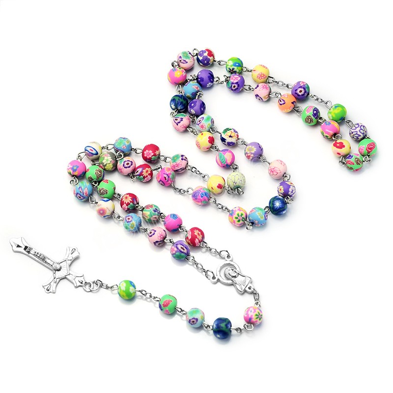Multicolor Polymer Clay Beads Rosary Cross Necklace For Women Crucifix Pendant Chain Female Religion Jewelry
