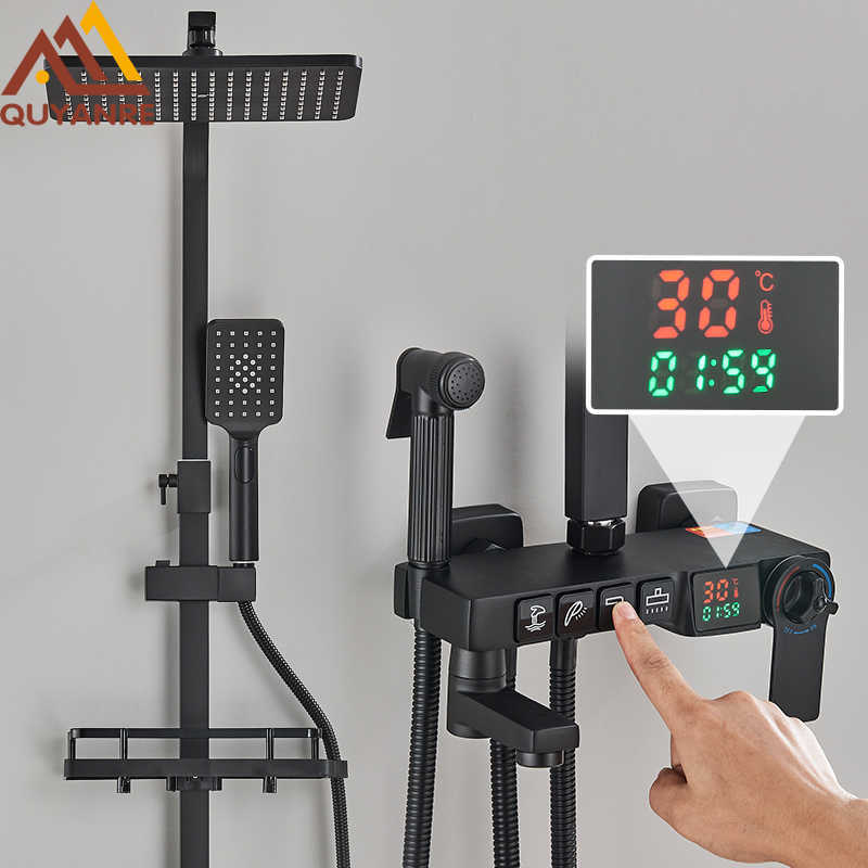 Bathroom Shower Sets Black Digital Display Shower 4-way Thermostatic Shower Faucet Rainfall Shower System chuveiro Bidet Faucet For Bath Shower