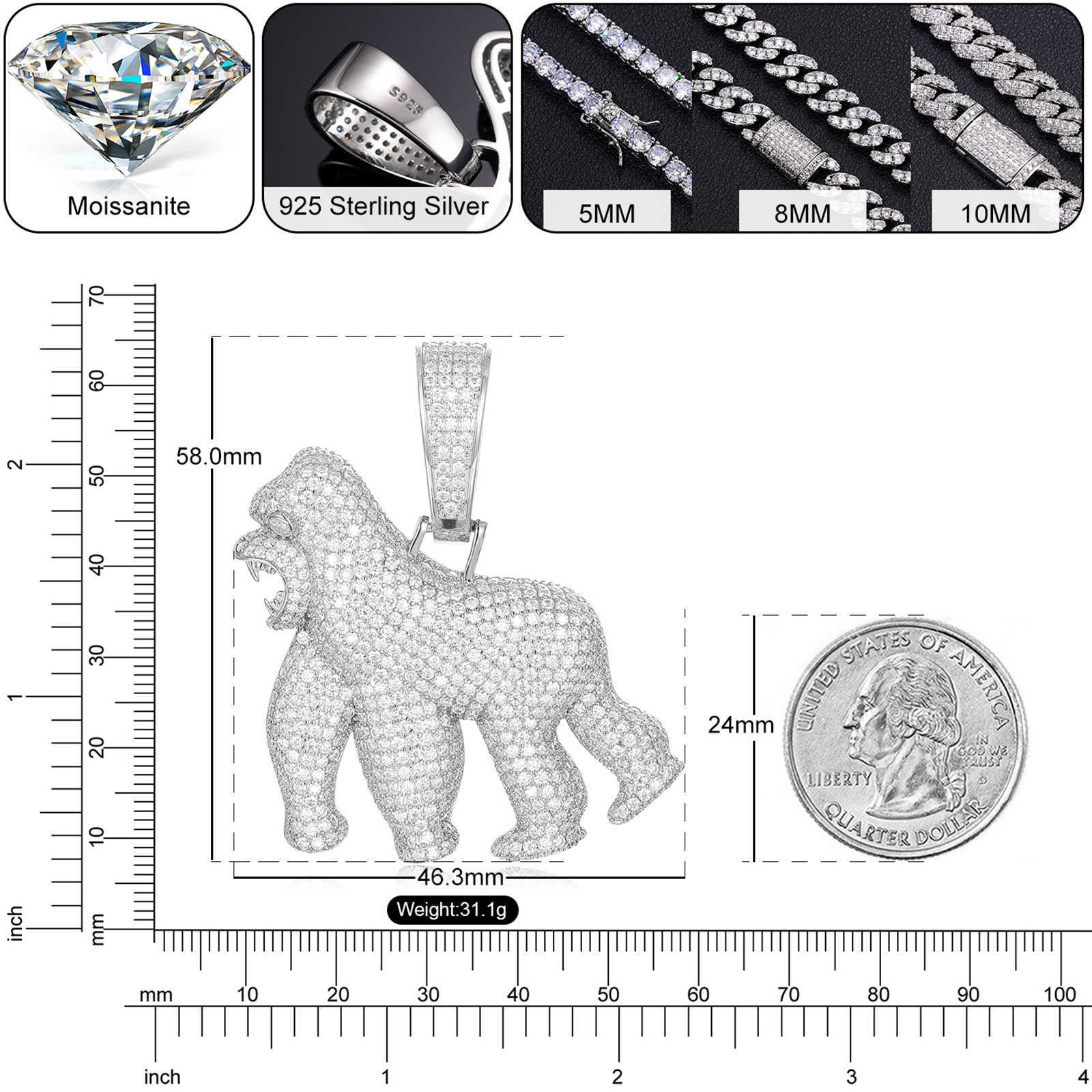 necklace moissanite chain Full VVS Iced Out Gorilla Pendant Bg Sterg Sier Pass Dia Test Hiphop Jewelry For Men