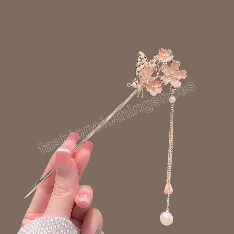 Vintage Chinese Style Hair Stick Tassels Pearls Hairpins Elegant Butterfly Flower Hair Pins Clip Chopsticks Accessories