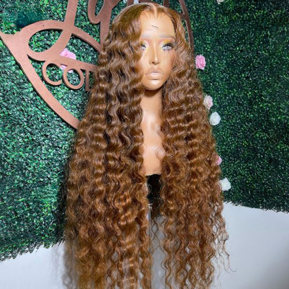 Free shipping Brazilian Brown Deep Wave Frontal Full Glueless Hd Transparent Lace Front Colored Synthetic Curly Wig Preplucked