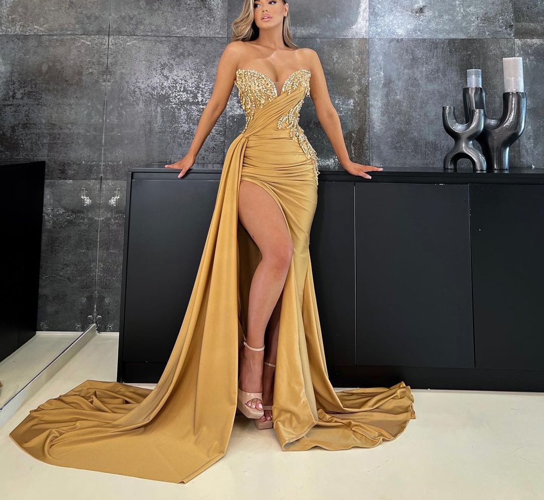 Mermaid Gold Evening Dresses Long Sleeves V Neck Halter Detachable Shawl Appliques Or Length Lace Side Slit Satin Prom Plus Size Gowns Party Dress