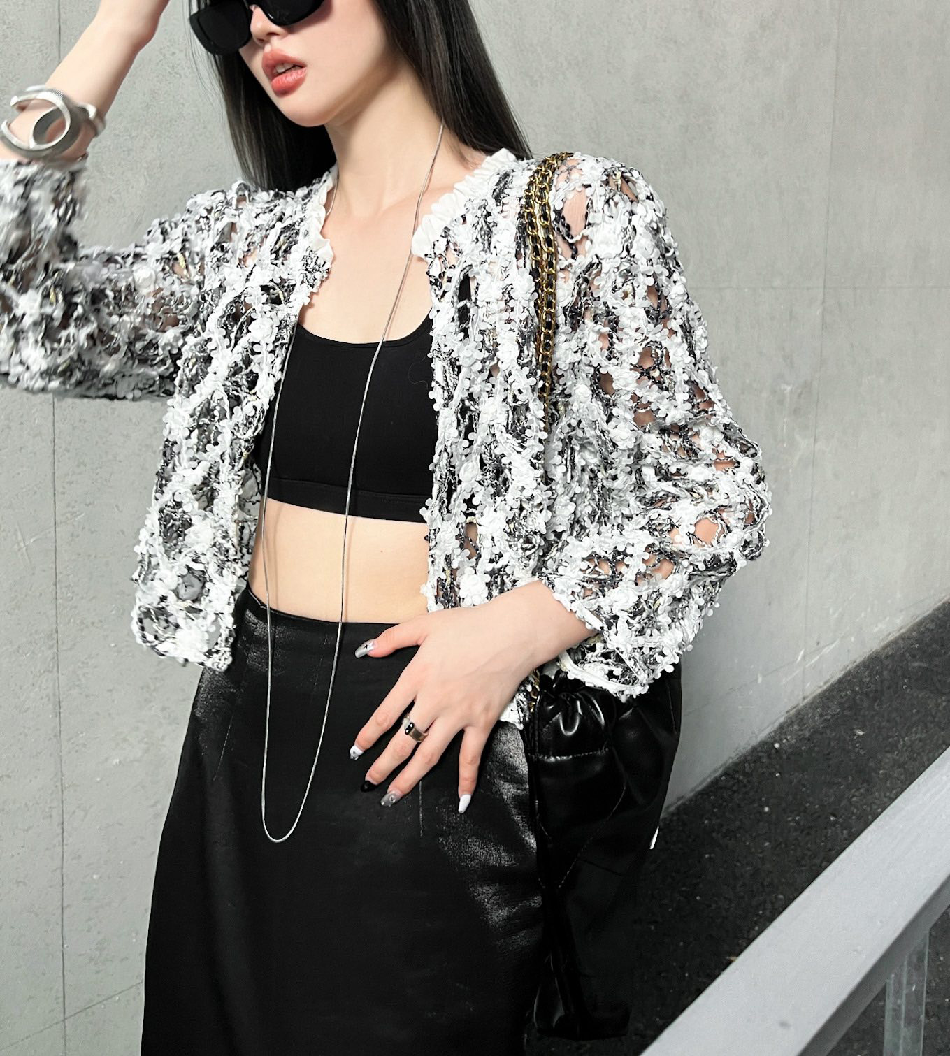 European fashion brand hollow petal woven cardigan, Multi 
European fashion brand hollow petal woven cardigan, Multi