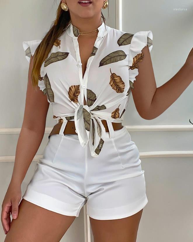 Women' Tracksuits Summer Women' Two-Piece Set 2023 Fashion Elegant Leaf Print Ruffle Sleeve Button Design Cardigan Shirt And Casual
Women' Tracksuits Summer Women' Two-Piece Set 2023 Fashion Elegant Leaf Print Ruffle Sleeve Button Design Cardigan Shirt And Casual