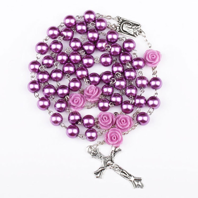 Catholic Purple Glass Beads Rosary Necklace For Women Cross Crucifix Pendant Rose Chain Fashion Religion Jewelry